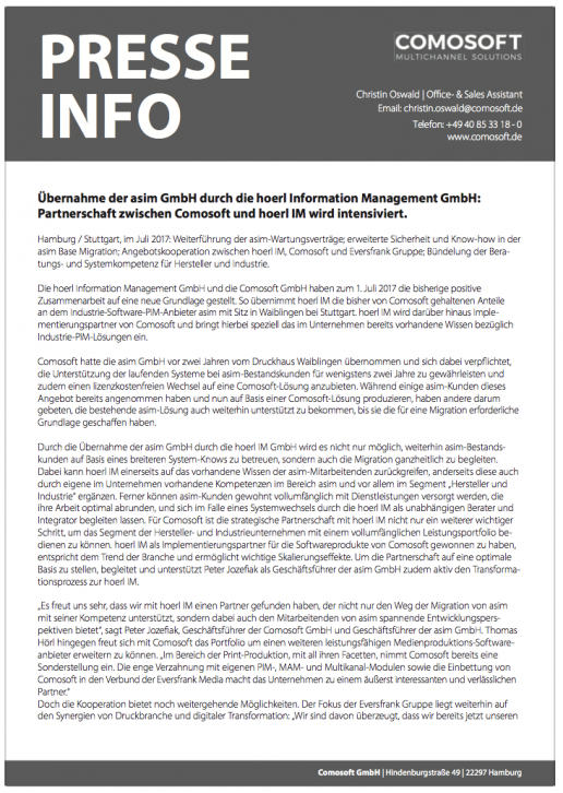 Comosoft Pressemitteilung Partnerschaft zwischen Comosoft und hoerl IM Vorschau