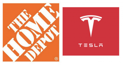 Home Depot und Tesla Logo nebeneinander