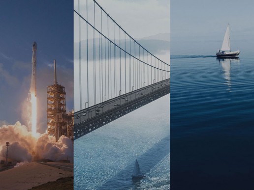 Galerie aus drei Bildern, bestehend aus Raketenstart, Brücke und Segelschiff